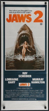 3t0465 JAWS 2 Aust daybill 1978 art of giant shark attacking girl on water skis by Lou Feck!