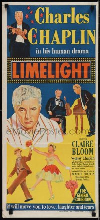 3t0472 LIMELIGHT Aust daybill 1953 artwork of aging Charlie Chaplin & pretty young Claire Bloom!