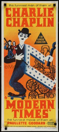 3t0475 MODERN TIMES Aust daybill R1950s cool different art of the funniest man Charlie Chaplin!