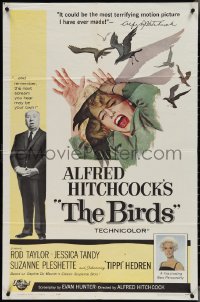 3t0795 BIRDS 1sh 1963 director Alfred Hitchcock shown, Tippi Hedren, classic intense attack art!