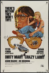 3t0827 DIRTY MARY CRAZY LARRY 1sh 1974 Fonda w/Susan George sucking on popsicle, art by Tanenbaum!