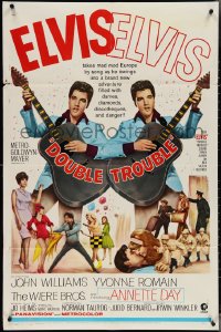 3t0834 DOUBLE TROUBLE 1sh 1967 cool mirror image of rockin' Elvis Presley playing guitar!