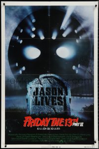 3t0857 FRIDAY THE 13th PART VI 1sh 1986 Jason Lives, cool image of huge hockey mask over tombstone!