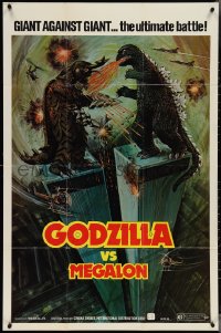 3t0873 GODZILLA VS. MEGALON 1sh 1976 Gojira tai Megaro, art of monsters battling on Twin Towers!