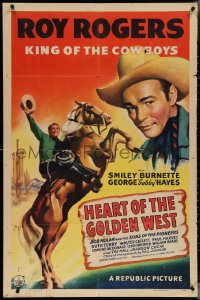 3t0882 HEART OF THE GOLDEN WEST 1sh 1942 cool art of Roy Rogers close up & on rearing Trigger!