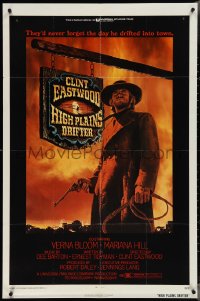 3t0886 HIGH PLAINS DRIFTER 1sh 1973 classic Ron Lesser art of Clint Eastwood holding gun & whip!