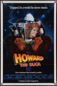 3t0890 HOWARD THE DUCK advance 1sh 1986 George Lucas, art of him reading magazine w/Lea Thompson!