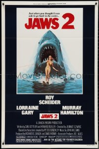 3t0897 JAWS 2 1sh 1978 great classic art of giant shark attacking girl on water skis by Lou Feck!