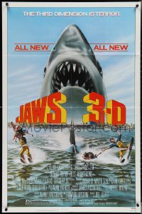 3t0898 JAWS 3-D 1sh 1983 Dennis Quaid, great Gary Meyer shark art, the third dimension is terror!