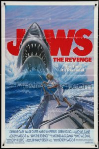 3t0899 JAWS: THE REVENGE 1sh 1987 great artwork of shark attacking ship, this time it's personal!