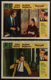 3t0599 CHARADE 2 LCs 1963 Cary Grant sitting by worried Audrey Hepburn & running through pillars!