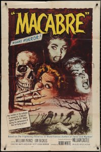 3t0918 MACABRE 1sh 1958 William Castle, Besser art of skeleton & screaming girls in graveyard!