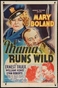 3t0920 MAMA RUNS WILD 1sh 1937 cop Mary Boland in uniform glares at Ernest Truex with cigar!