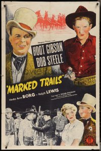 3t0924 MARKED TRAILS 1sh 1944 great art of cowboy Bob Steele & dapper Hoot Gibson!