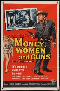 3t0934 MONEY, WOMEN & GUNS 1sh 1958 cowboy Jock Mahoney w/revolver, cool gambling image!