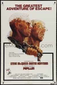 3t0947 PAPILLON 1sh 1973 prisoners Steve McQueen & Dustin Hoffman by Tom Jung, Allied Artists!