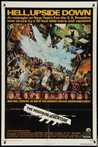 3t0962 POSEIDON ADVENTURE 1sh 1972 art of Gene Hackman & cast escaping by Mort Kunstler!