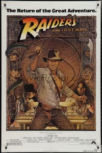 3t0981 RAIDERS OF THE LOST ARK 1sh R1982 great Richard Amsel art of adventurer Harrison Ford!