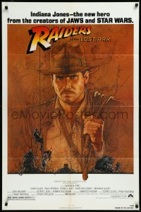 3t0980 RAIDERS OF THE LOST ARK 1sh 1981 great art of adventurer Harrison Ford by Richard Amsel