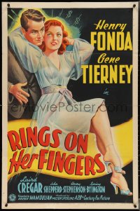 3t0990 RINGS ON HER FINGERS 1sh 1942 art of Henry Fonda swindled by sexy Gene Tierney!