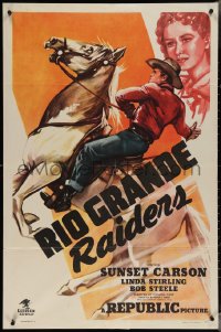 3t0991 RIO GRANDE RAIDERS 1sh 1946 cowboy Sunset Carson on rearing horse, pretty Linda Stirling!