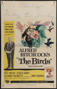 3t0153 BIRDS WC 1963 director Alfred Hitchcock shown, Tippi Hedren, classic intense attack artwork!