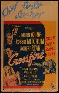 3t0164 CROSSFIRE WC 1947 Robert Young, Robert Mitchum, Robert Ryan, sexy Gloria Grahame, very rare!