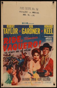 3t0240 RIDE, VAQUERO WC 1953 great art of outlaw Robert Taylor w/smoking gun & beauty Ava Gardner!