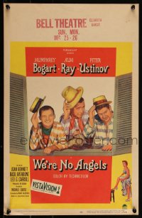 3t0274 WE'RE NO ANGELS WC 1955 art of Humphrey Bogart, Aldo Ray & Peter Ustinov tipping their hats!