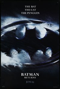 3w0671 BATMAN RETURNS teaser 1sh 1992 Burton, Keaton, The Bat, The Cat, The Penguin, logo design!