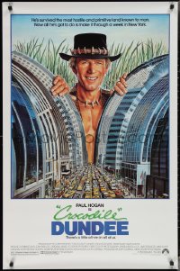 3w0719 CROCODILE DUNDEE 1sh 1986 cool art of Paul Hogan looming over New York City by Daniel Goozee!