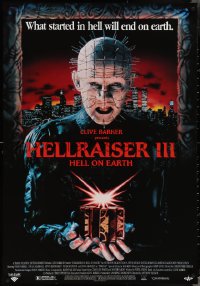 3w0214 HELLRAISER III: HELL ON EARTH 27x39 video poster 1992 Clive Barker, Pinhead holding cube!