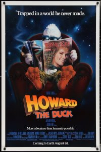 3w0805 HOWARD THE DUCK advance 1sh 1986 George Lucas, art of him reading magazine w/Lea Thompson!