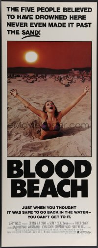 3w0564 BLOOD BEACH insert 1981 Jaws parody tagline, image of sexy girl in bikini sinking in sand!