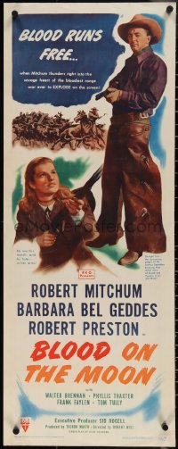 3w0566 BLOOD ON THE MOON insert 1949 art of cowboy Robert Mitchum pointing gun & Barbara Bel Geddes!