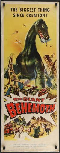 3w0586 GIANT BEHEMOTH insert 1959 cool art of massive brontosaurus dinosaur monster smashing city!