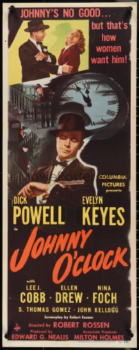 3w0595 JOHNNY O'CLOCK insert 1947 Dick Powell's got a date with a killer, Evelyn Keyes, ultra rare!