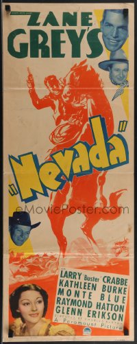 3w0611 NEVADA insert 1935 great art of cowboy Buster Crabbe, from the Zane Grey novel!