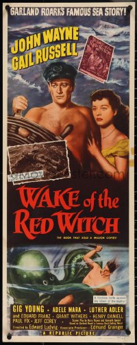 3w0630 WAKE OF THE RED WITCH insert 1949 art of barechested John Wayne & Gail Russell at sea!