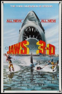 3w0824 JAWS 3-D 1sh 1983 Dennis Quaid, great Gary Meyer shark art, the third dimension is terror!