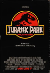 3w0828 JURASSIC PARK advance 1sh 1993 Steven Spielberg, classic logo with T-Rex over red background