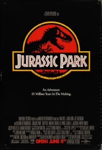 3w0829 JURASSIC PARK advance DS 1sh 1993 Steven Spielberg, classic logo with T-Rex over red background