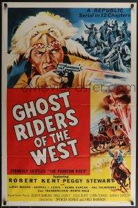 3w0900 PHANTOM RIDER 1sh R1954 Republic serial, Native American w/gun, Ghost Riders of the West!