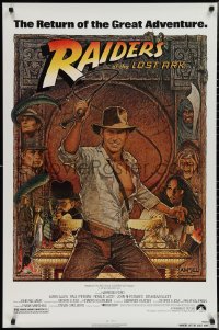 3w0915 RAIDERS OF THE LOST ARK 1sh R1982 great Richard Amsel art of adventurer Harrison Ford!