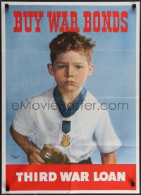 3w0303 BUY WAR BONDS 20x28 WWII war poster 1943 Victor Keppler art of boy wearing fallen father's medal!