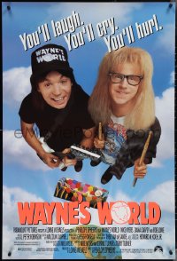 3w1034 WAYNE'S WORLD 1sh 1991 Mike Myers, Dana Carvey, one world, one party, excellent!