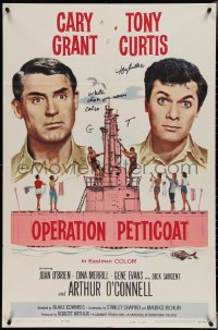 3x0162 OPERATION PETTICOAT signed 1sh 1959 by Tony Curtis, great image w/Cary Grant & pink submarine!