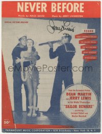 3x0295 JERRY LEWIS signed sheet music 1952 the song Never Before from Sailor Beware!