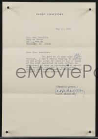 3x0101 PADDY CHAYEFSKY signed letter 1980 telling a book dealer he can't help, but good luck!