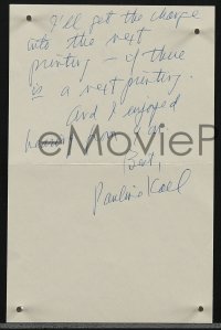 3x0102 PAULINE KAEL signed letter 1985 telling fan she'll add his correction to book's next edition!